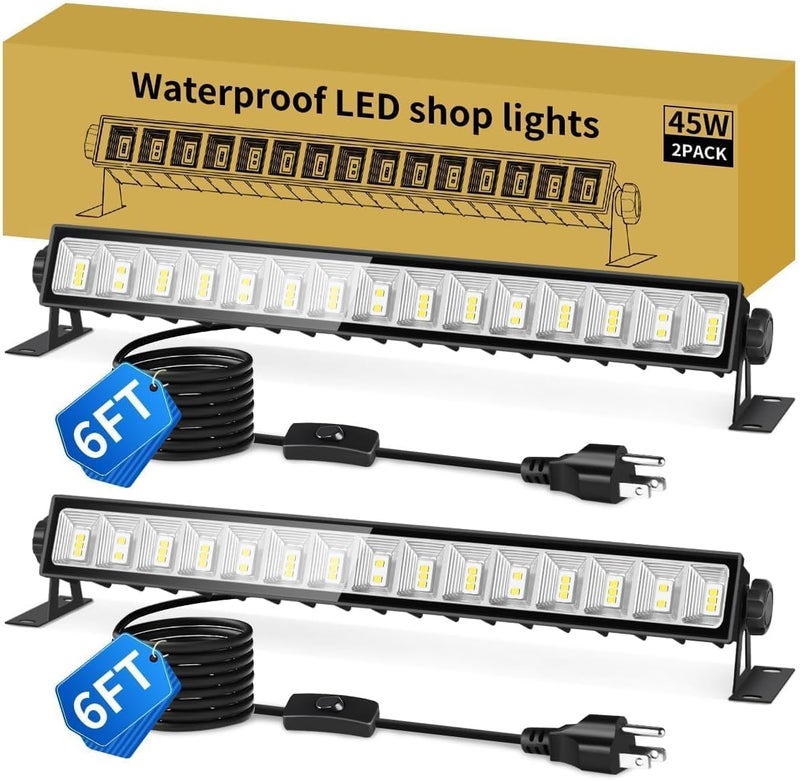 THECHAM IP66 Waterproof 45W LED Shop Lights, 5400LM 6000K Daylight White Garage Light with 6FT Power Cord & Switch, Plug in LED Work Light for Garage, Workshop, Warehouses, Basement, Yard, 2 Pack - Image 1